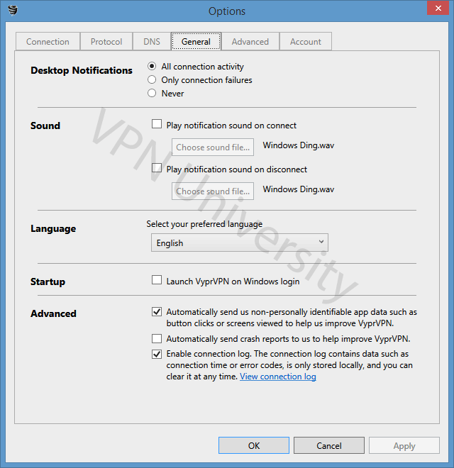 VyprVPN general settings and UI options