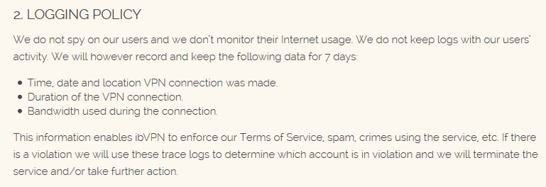 ibVPN's logging policy (as per privacy policy)