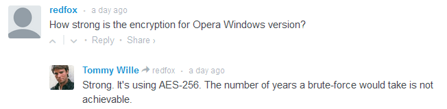 Opera VPN 256-bit AES encryption proof