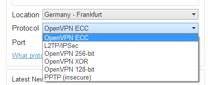 VPN.ac encryption options