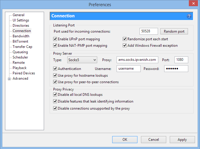 IPVanish Socks5 settings for uTorrent