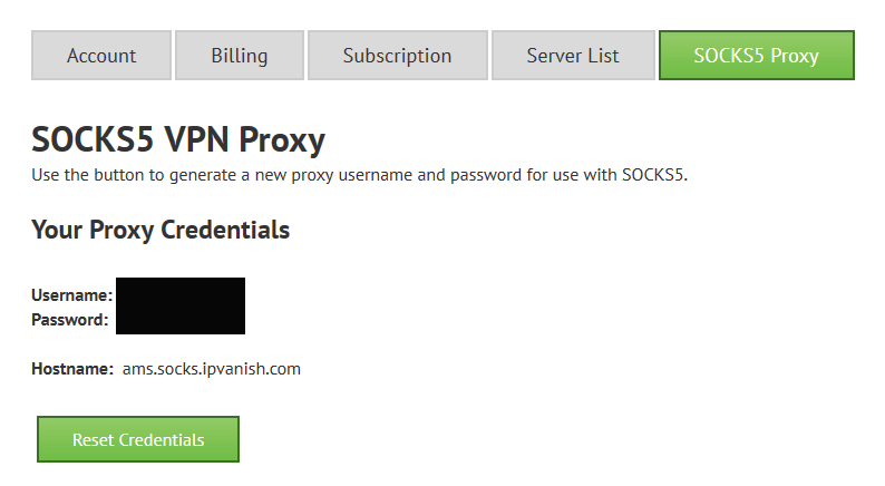 Generate IPVanish socks5 proxy login in your account panel