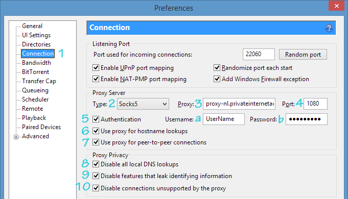 uTorrent proxy settings with Private Internet Access Socks5