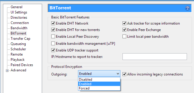 uTorrent encryption settings