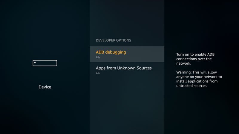 Fire TV Developer Options, ADB Debugging and Apps from unknown sources