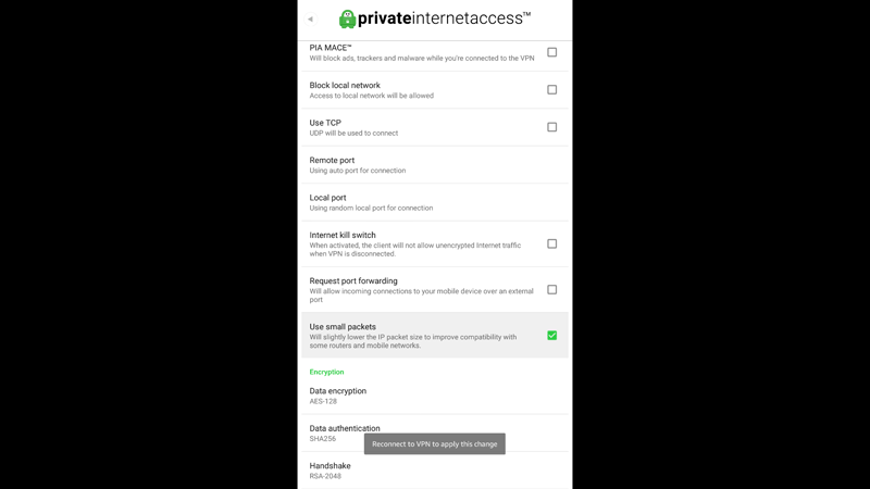 Private Internet Access settings