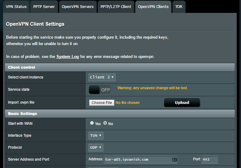 OpenVPN client settings