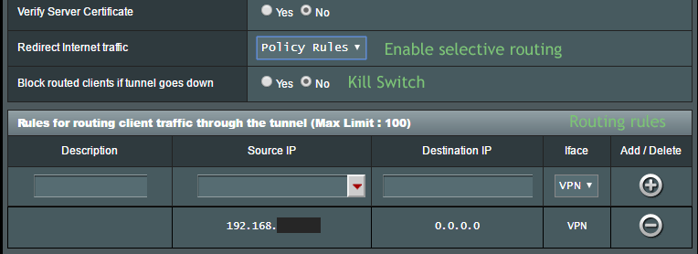 Selective routing settings