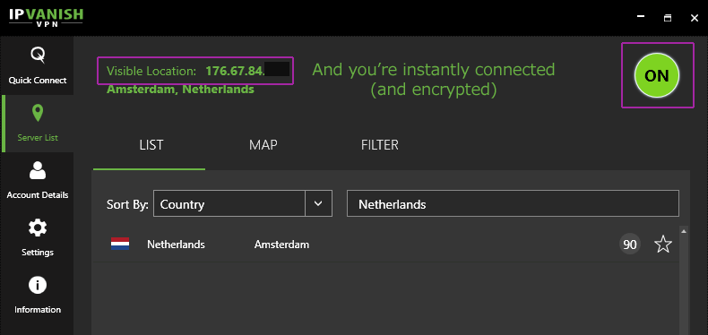 IPVanish connected to Netherlands server