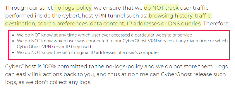 Cyberghost privacy policy regarding VPN logs and IP addresses