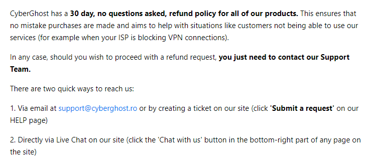 cyberghost refund policy