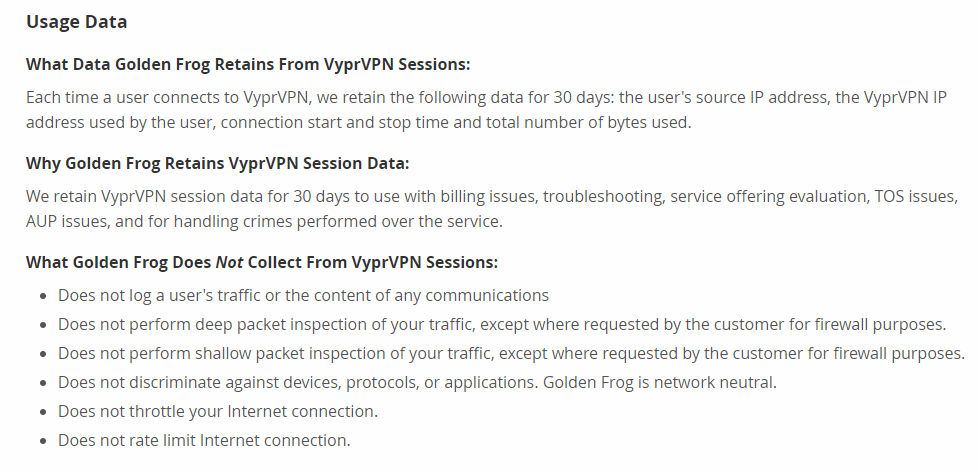 VyprVPN's logging policy from their privacy page