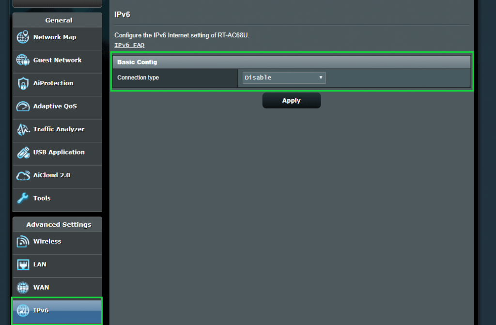 disable IPv6 settings in ASUSWRT firmware (RT-AC68U)