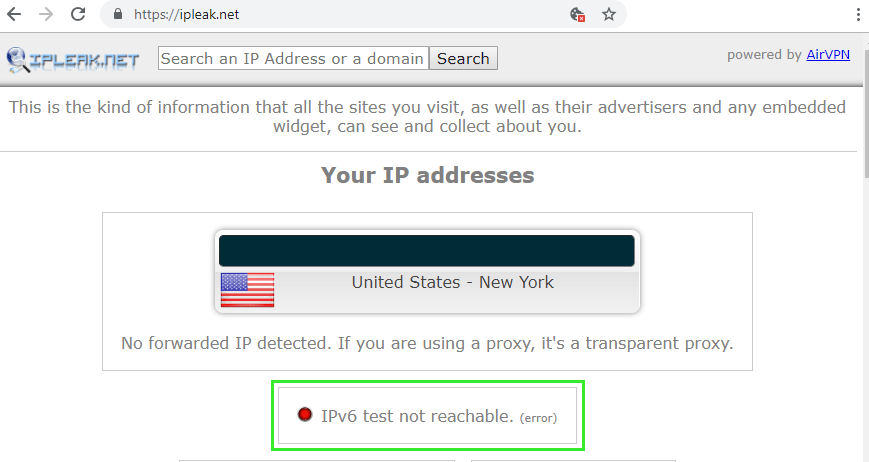 IPv6 leak test showing no IPv6 address (IPv6 blocked)