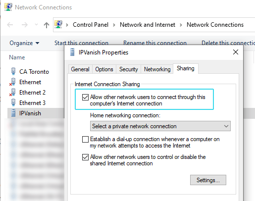 Sharing VPN connection in network adapter settings
