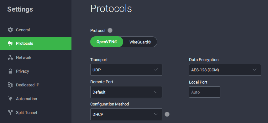 PIA OpenVPN protocol settings