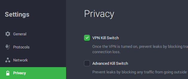 Kill switch settings in Private Internet Access software