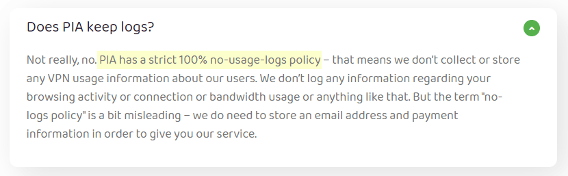 Does Private Internet Access keep logs (FAQ Screenshot)