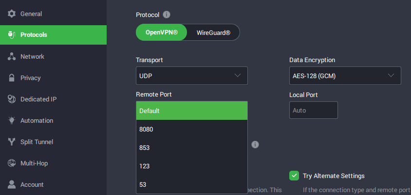 Change VPN protocol or port settings (Private internet access)