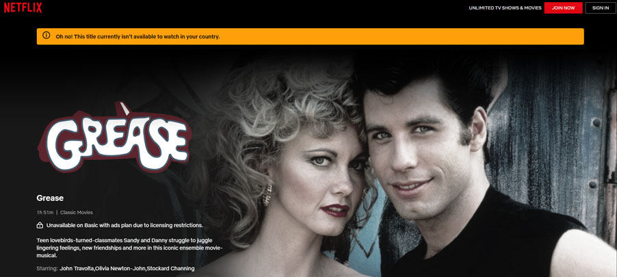 Grease streaming on Netflix not in my country