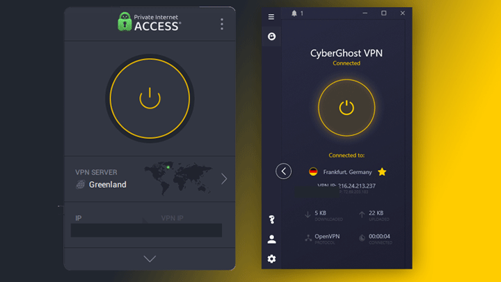 Cyberghost and Private Internet Access windows app side-by-side on black-yellow background