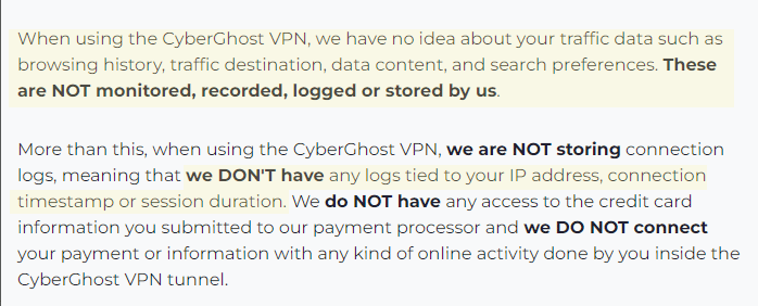 Excerpt from Cyberghost's privacy policy. The portions that mentiond their logging policy are highlighted. 