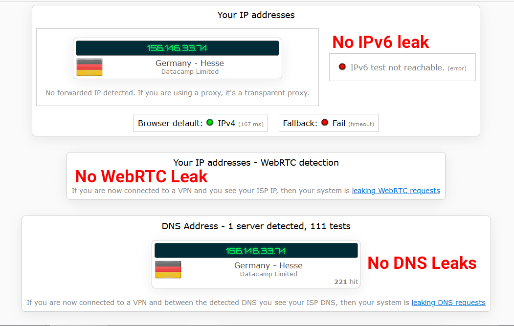 Results of Surfshark leak testing (DNS leak, IPv6 leak and WebRTC leak)