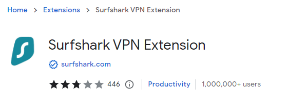 Surfshark chrome extensions in Chrome store. 3-star review rating