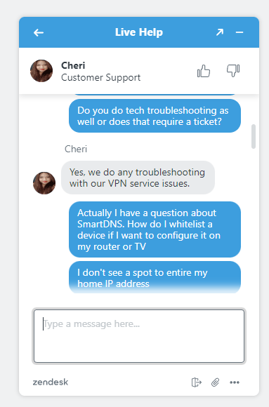 Screenshot of cyberghost live chat tech support