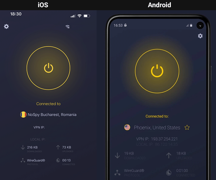 Cyberghost mobile apps for iOS and Android side-by-side