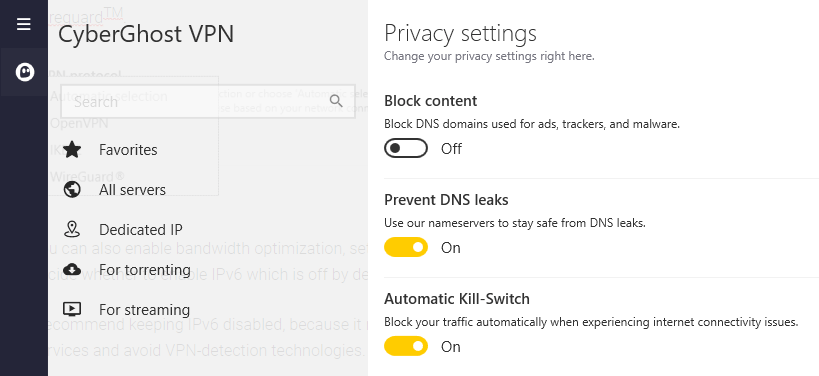 Cyberghost privacy settings in the Desktop app