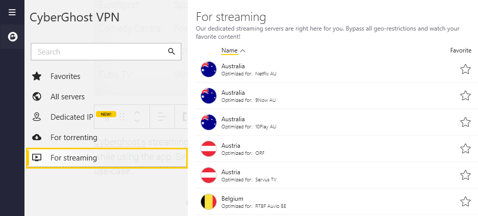 Cyberghost streaming-optimized servers