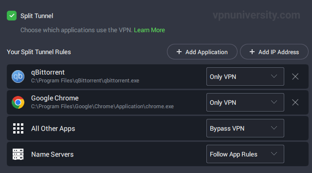 Split Tunnel settings for Private Internet Access using Windows client