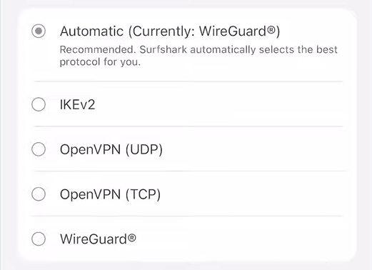 VPN protocols available in Surfshark iOS app